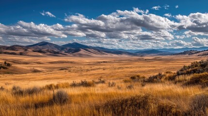 Vast Scenic Landscape of Rolling Hills Under Bright Blue Sky with Fluffy Clouds in Autumn Colors and Open Fields Perfect for Nature Photography