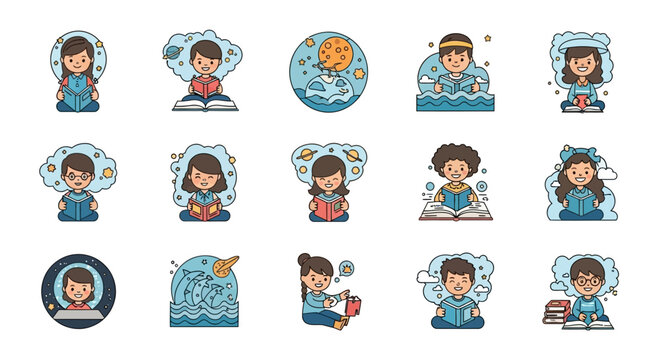 Vector illustration of a diverse group of children and adults reading and imagining magical worlds coming out of books in a fantasy setting