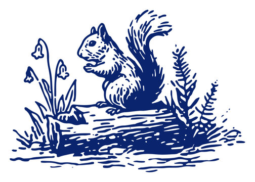Blue ink illustration of a squirrel sitting on a log next to spring flowers and ferns