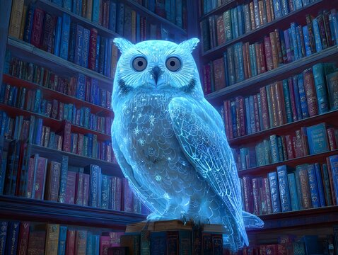 The Sentinel of Knowledge: A luminous owl, a symbol of wisdom and learning, perches regally amidst towering shelves of books, its ethereal presence illuminating a world of knowledge.