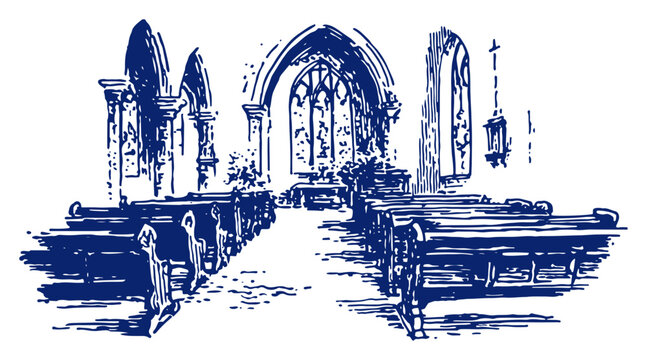 Architectural hand drawn sketch of a classic church interior with wooden pews and altar
