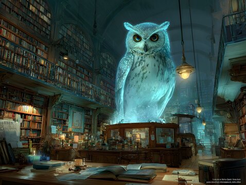 Enigmatic Guardian of Knowledge: An ethereal owl presides over a grand library, its wise gaze illuminating the countless tomes that line the shelves.