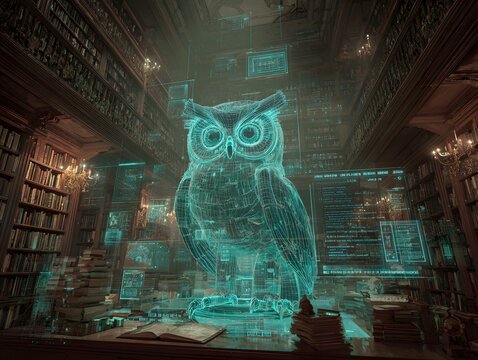 The Digital Oracle: A mesmerizing digital owl, radiating a cool, celestial glow, hovers in a grand, aged library, surrounded by stacks of books and knowledge. 