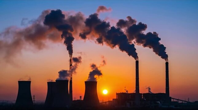 Industrial power plant smokestacks emitting thick plumes of smoke and steam against a dramatic sunset sky, symbolizing air pollution and climate ch...