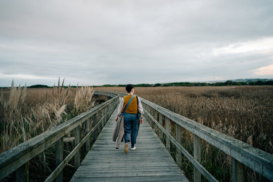 Person Walking on Wooden Boardwalk Through Tall Grass at Dusk
