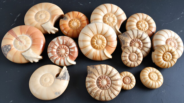 A striking collection of polished fossilized ammonites displayed on a dark stone surface showcasing their ancient spiral forms and geological history