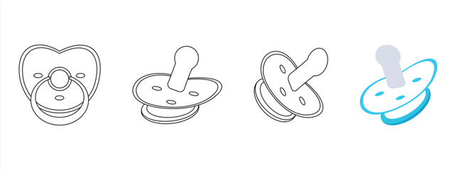 Fototapeta premium set of baby care pacifier dot icons for newborns, baby equipment in various view positions isolated on a white background. Vector illustration