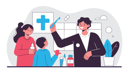 Healthcare professional teaching a young boy and his mother about dental hygiene in a medical office setting.