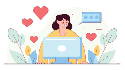 Smiling woman using a retro computer with a chat bubble and hearts floating around, surrounded by plants.