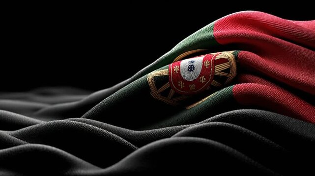 A detailed close-up of draped cloth with a coat of arms. Vivid colors and fine texture