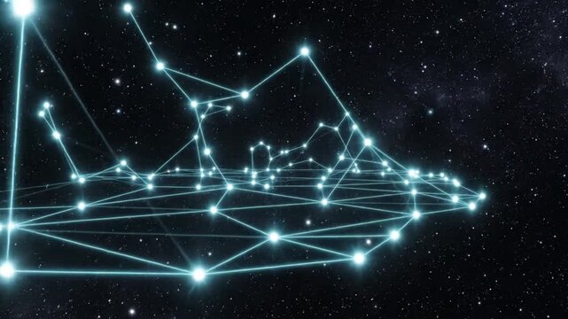 A constellation pattern in the night sky is viewed from Earth, with interconnected stars and lines forming a complex network.