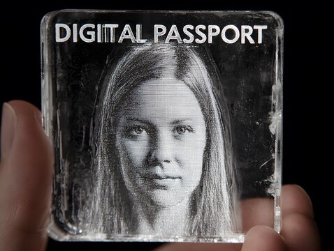 Digital Passport: A close-up view of a person holding a clear, crystalline block embedded with a digitally rendered face and the words DIGITAL PASSPORT.