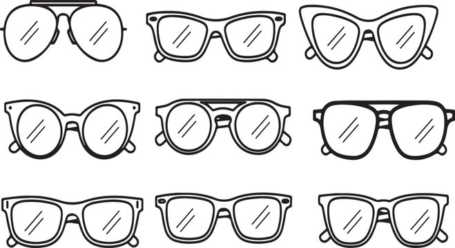 A diverse collection of ten unique eyeglass frames showcasing various styles and designs. Vector