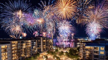 Naklejka premium Colorful and Vibrant Fireworks Display Over Cityscape at Night Reflecting on Water with Illuminated Buildings and Festive Atmosphere