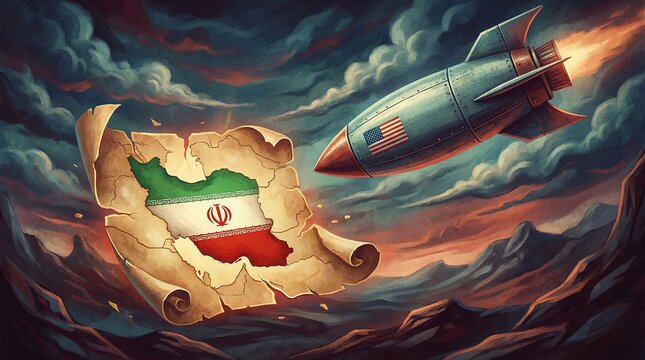 US missile targets map of Iran with flag on torn scroll