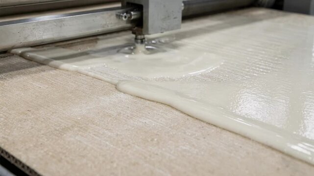 Closeup medium shot showcasing starch adhesive application on paperboard webs highlighting smooth coating techniques for uniform bonding.