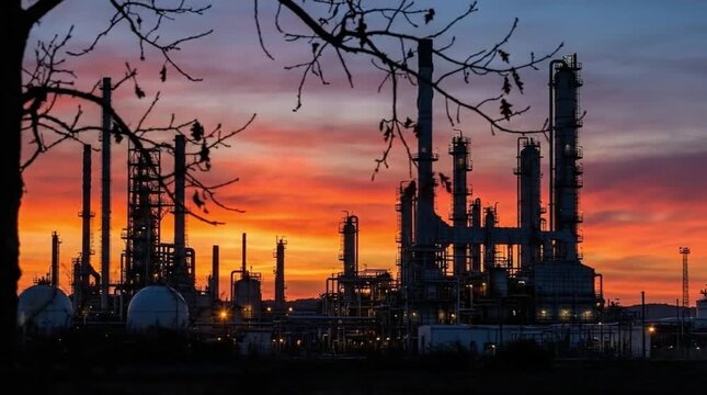 Dramatic sunset over an industrial plant silhouette with colorful sky and bare tree branches