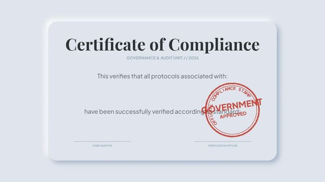 Digital illustration of an official compliance certificate, featuring a government-approved stamp, symbolizing regulatory adherence and secure verification standards