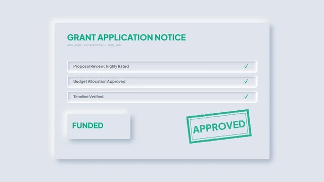 Successful grant application process illustration on a modern digital screen, showcasing approval, budget allocation, and project funding status with a clean user interface