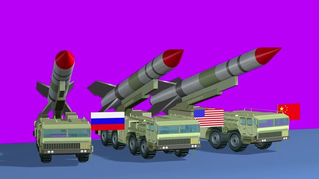 3D illustration of missile launchers representing Russia, USA and China. Conceptual paradox of seeking world peace through military armament and strategic deterrence.