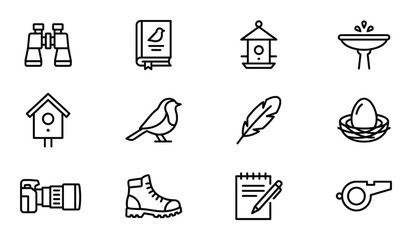 Bird watching icons set with binoculars book feeder bath robin feather nest camera boot and whistle © GoDesigner
