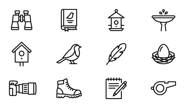 Bird watching icons set with binoculars book feeder bath robin feather nest camera boot and whistle