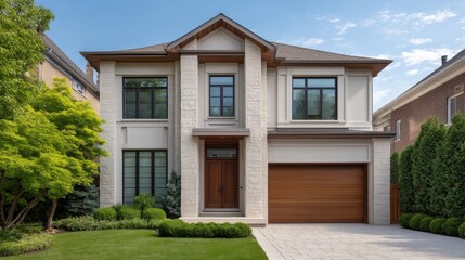 Fototapeta premium Contemporary Two-Story House with Large Windows and Elegant Entryway Surrounded by Lush Greenery in a Residential Neighborhood