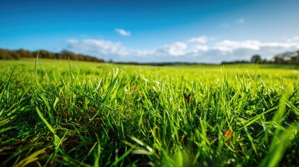Fototapeta premium Lush Green Grass Under Bright Sky with Fluffy Clouds in a Scenic Outdoor Landscape Captured on a Sunny Day During Golden Hour