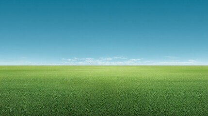 Lush Green Grass Field Under Clear Blue Sky with Soft White Clouds in Horizon Ideal for Nature and Landscape Photography