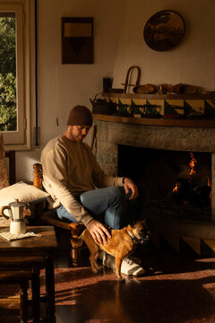 Candid moment DOG FIREPLACE at home
