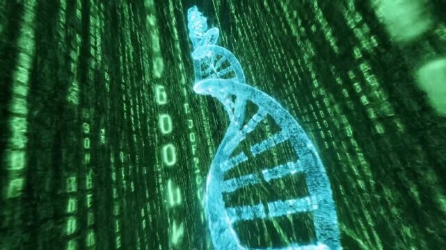 A digital DNA double helix structure amidst flowing green code, symbolizing genetic data and biotechnology, viewed from a futuristic perspective.