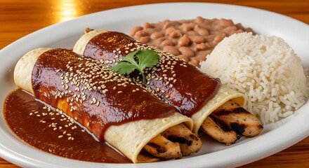 Delicious Chicken Enchiladas with Mole Sauce, Rice, and Beans.