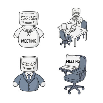 Cartoon Marshmello Character in Business Meeting Scenarios.