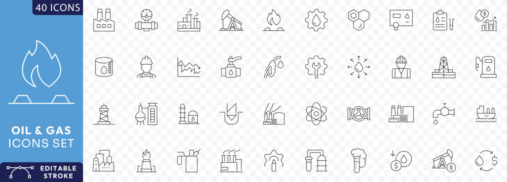 Oil & Gas line icon set. Containing fuel, refinery, petroleum, oil well, gas pump, offshore platform, lubricant, oil barrel Etc. Fully Editable. Vector illustration.
