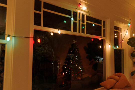 Warm Holiday Lights Brighten a Cozy Room With a Christmas Tree