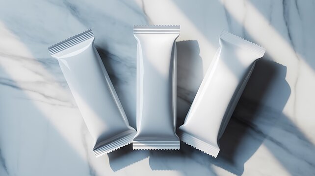 Three white blank snack bar packaging mockups on marble surface