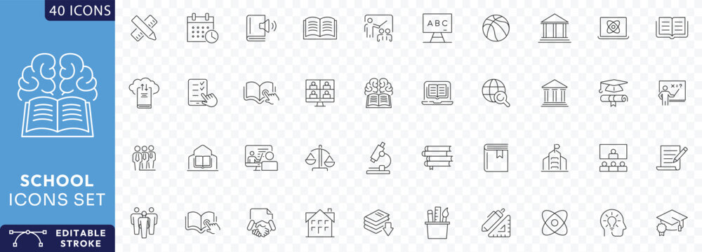 School icon set. Education and knowledge icons. Containing Learning, classroom, students, online education, Etc. Fully Editable. Vector illustration.