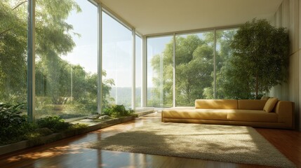 Fototapeta premium Modern Living Room with Large Windows and Natural Light Creating Inviting Atmosphere Surrounded by Lush Green Nature and Minimalist Design Features