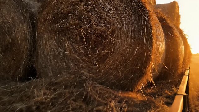 A truck loaded with round hay bales in a golden field at sunset