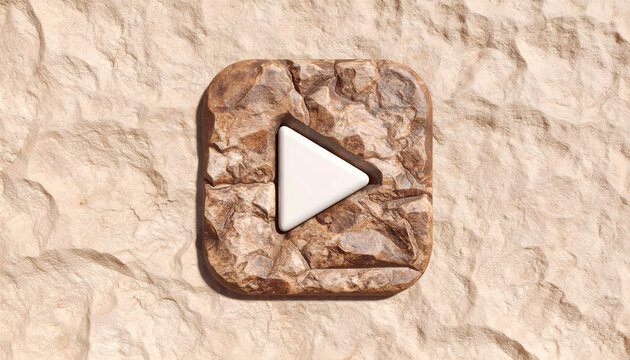 Rock-textured play button embedded in sandy terrain, blending technology and nature in a minimalist 3D render that represents digital media, streaming, and modern communication.