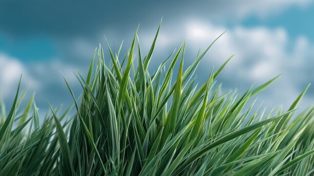 Lush Green Grass Blades Against a Dramatic Cloudy Sky, Capturing Nature's Beauty and Serenity in a Vibrant Landscape Displaying Freshness and Life