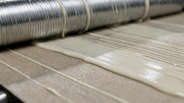 Closeup medium shot showcasing starch adhesive application on paperboard webs highlighting smooth coating techniques for uniform bonding.