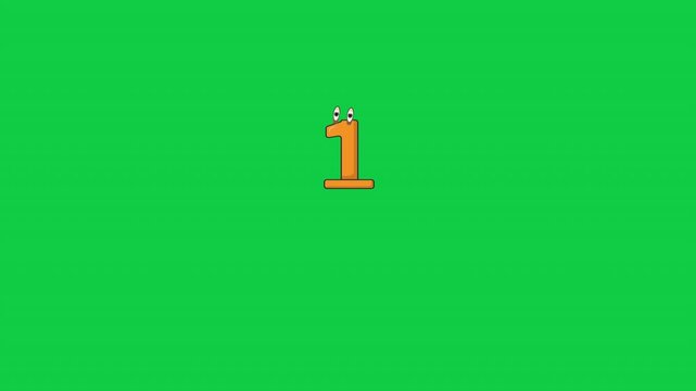 Animated number one with expressive eyes in a playful cartoon style in green screen