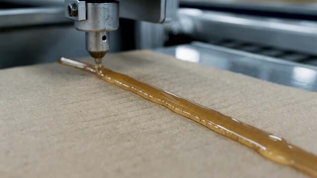 Medium shot of hotmelt adhesive smoothly applied on cardboard flaps highlighting glossy texture and precise machine nozzle in industrial packing process.