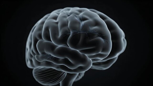 Detailed CGI visualization of the human brain with glowing neural pathways on a dark abstract background highlighting