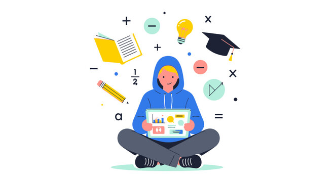 Person sitting cross-legged with laptop and surrounded by floating education icons