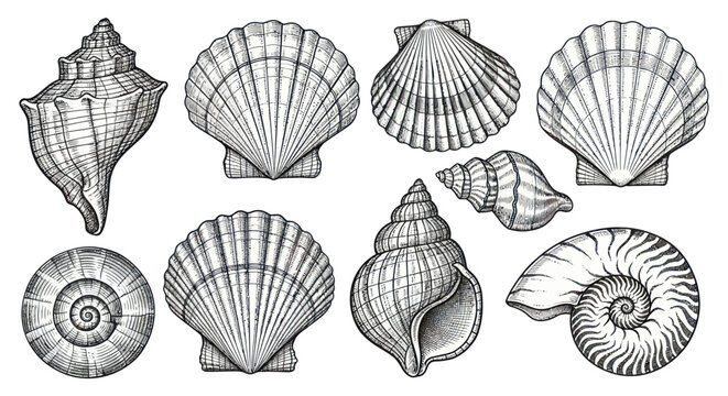 Collection of detailed hand-drawn seashell illustrations on a white background