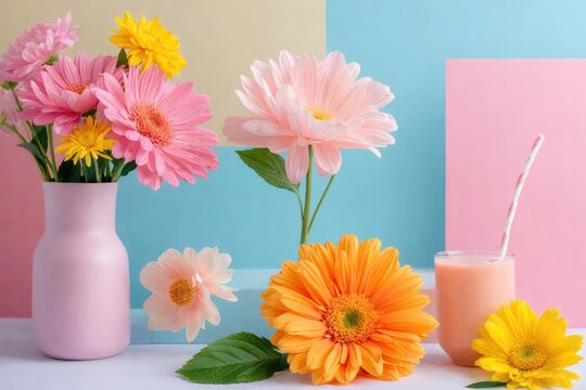 Vibrant floral arrangement with smoothie in pastel setting