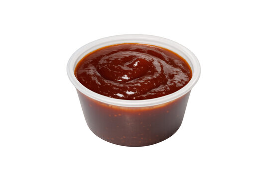 Barbecue sauce in plastic container with transparent background