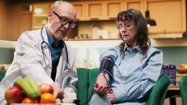 Male doctor measuring blood pressure for retired woman on couch, medical device with cuff and gauge monitoring pulse and vital signs. Physician supporting treatment for wellness during old age.